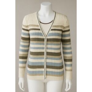 Alfred Dunner Striped Knit‎ Cardigan Sweater Petite Medium Blue Brown Cream